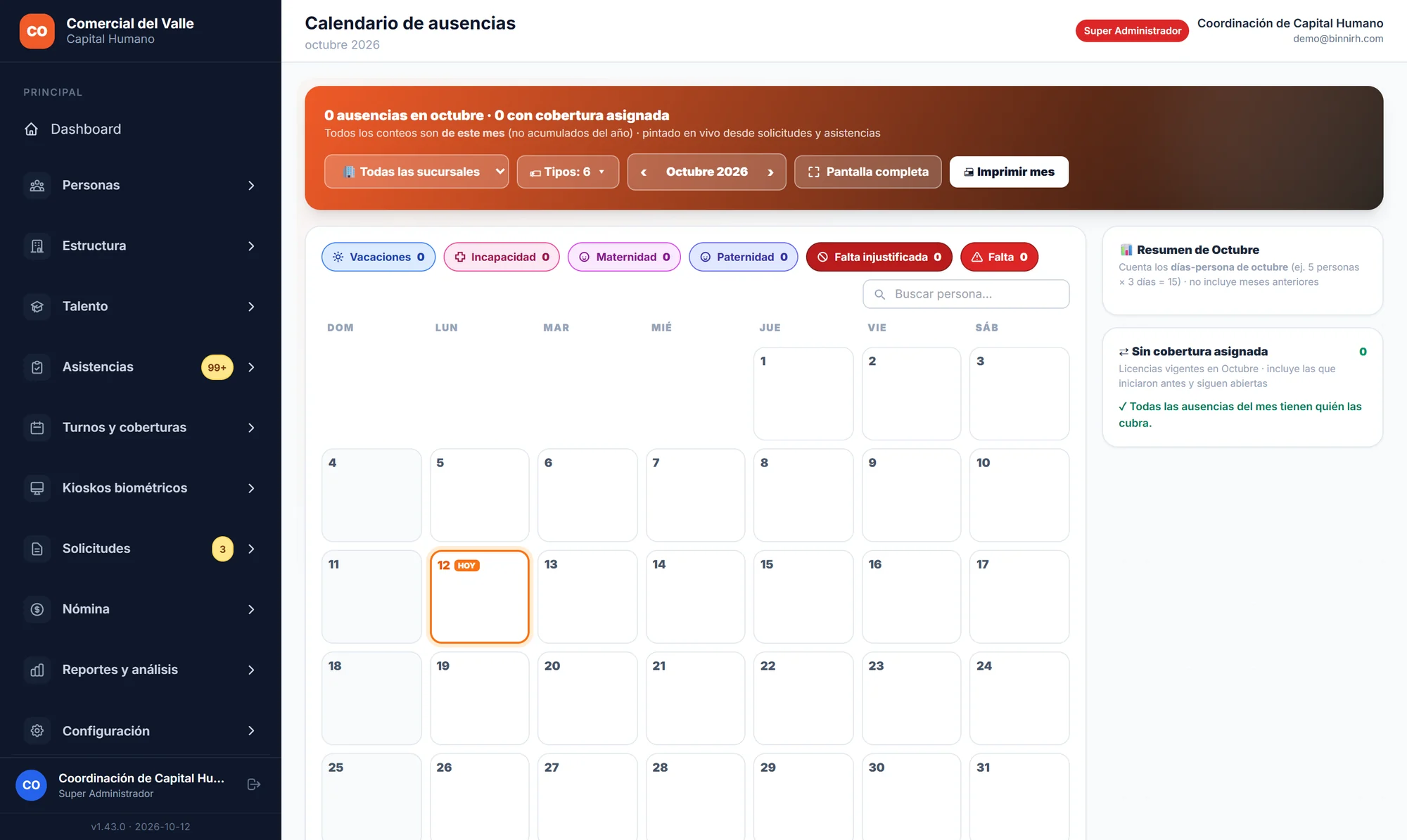 Calendario mensual de licencias y festivos