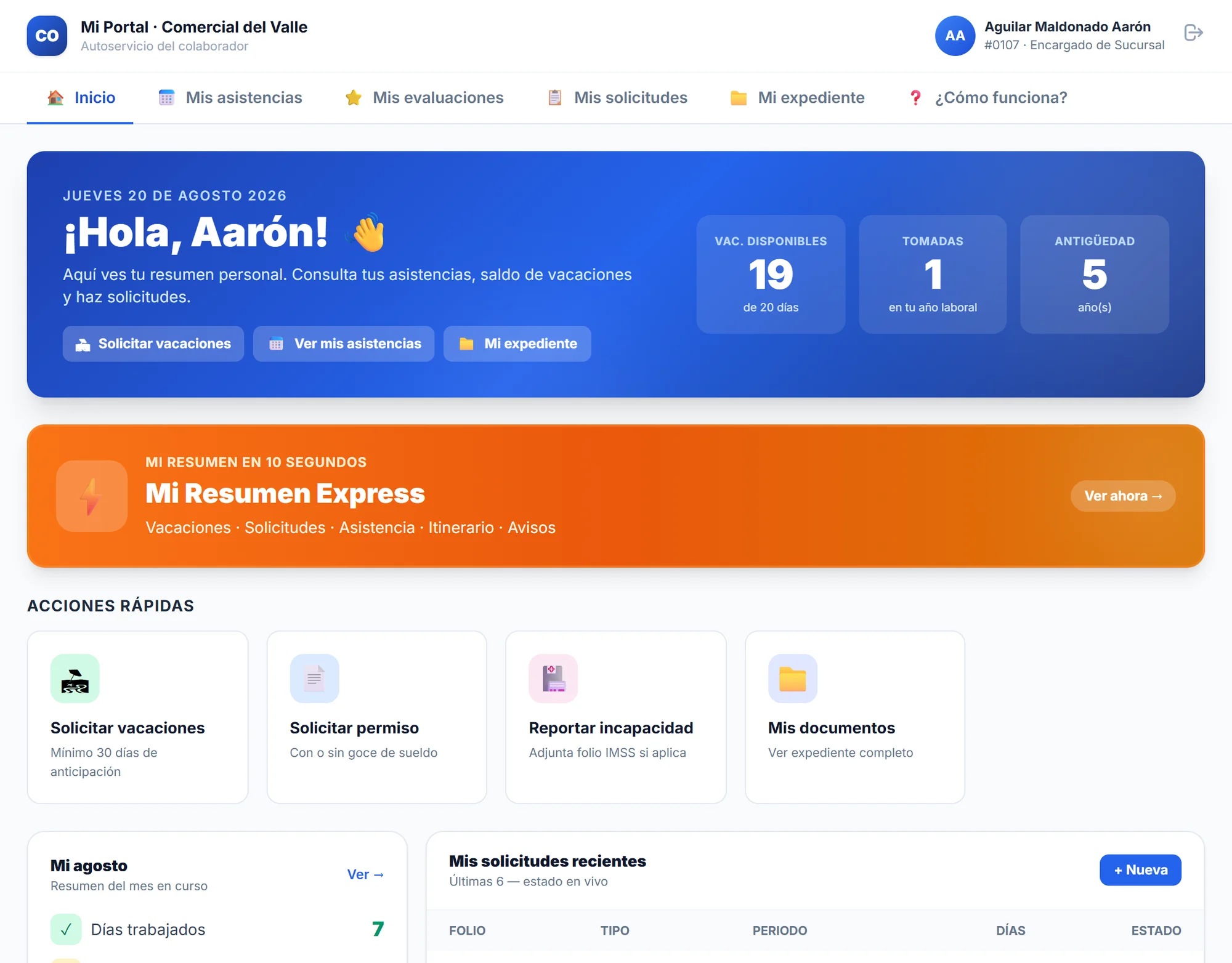 Inicio de Mi Portal con el saludo al colaborador y su saldo de vacaciones